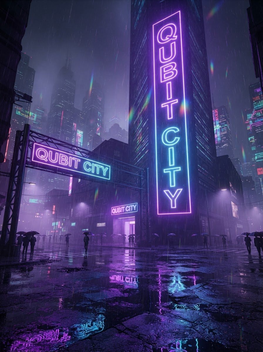 A rainy neon street in Qubit City, the city's name glowing in purple and blue on a tall tower.