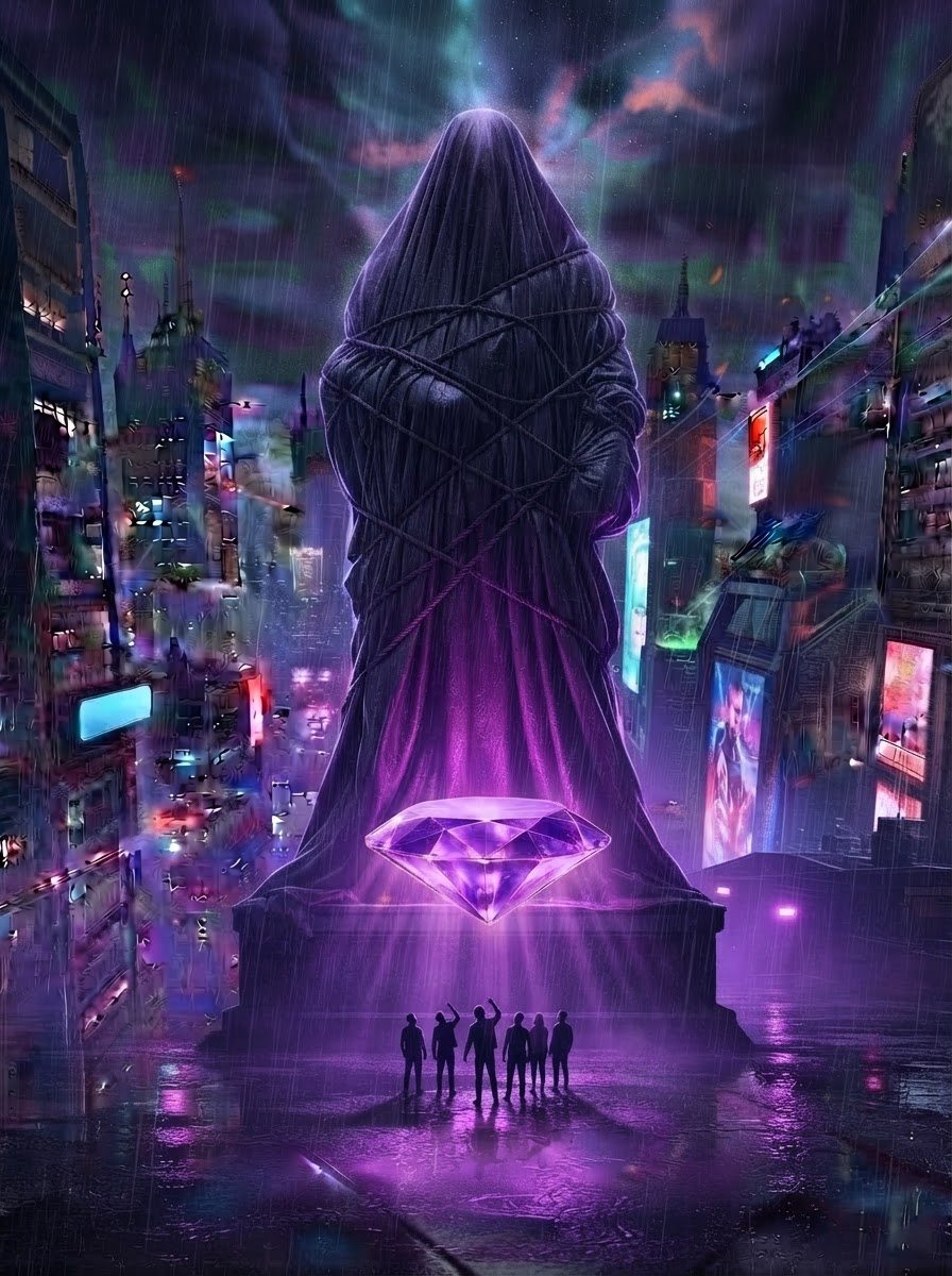 A colossal figure hidden under a dark tarp and ropes, standing over a glowing purple diamond in a rain-soaked neon city plaza, a small crowd looking up.