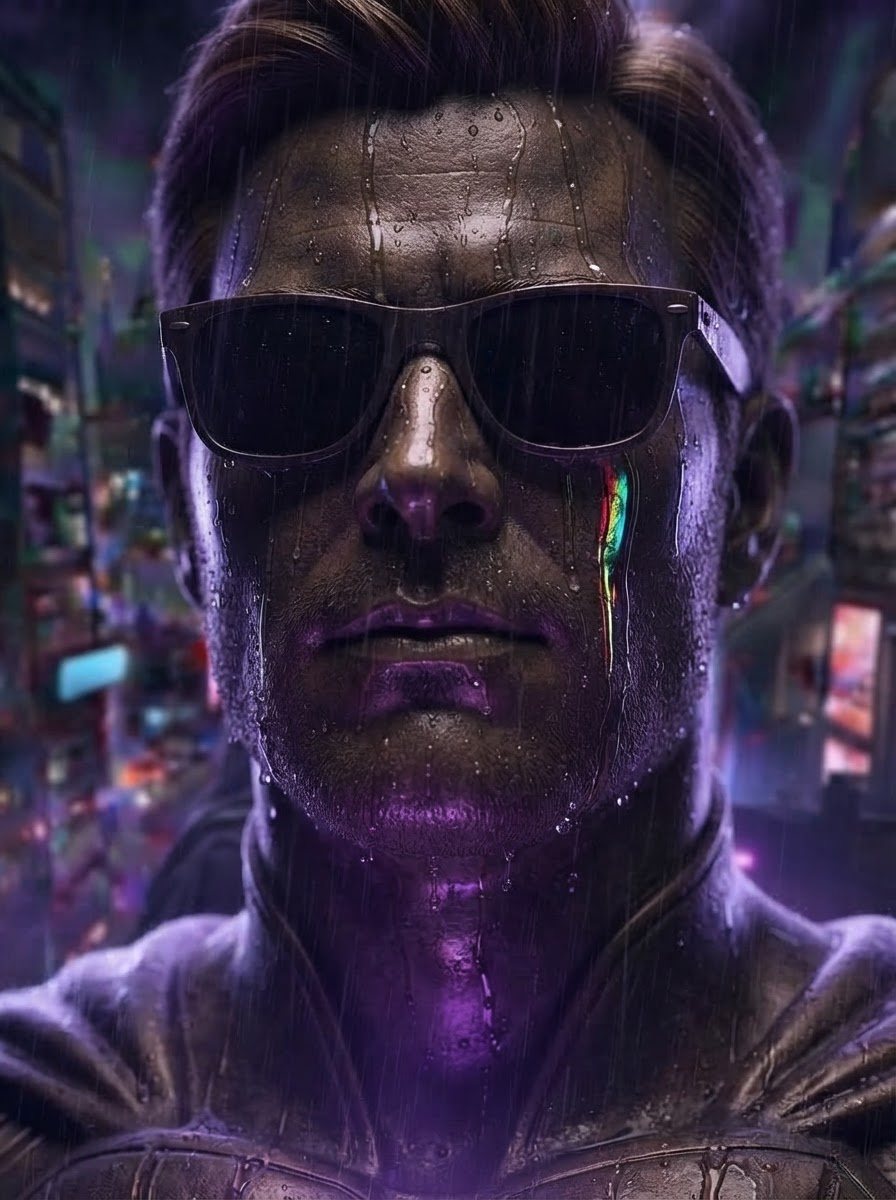 Close-up of a bronze statue's face in the rain, wearing dark glasses, a single rainbow-colored tear running down its cheek.